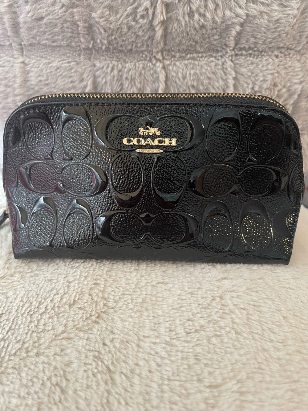 Coach Black Patent Embossed Logo Cosmetic Bag